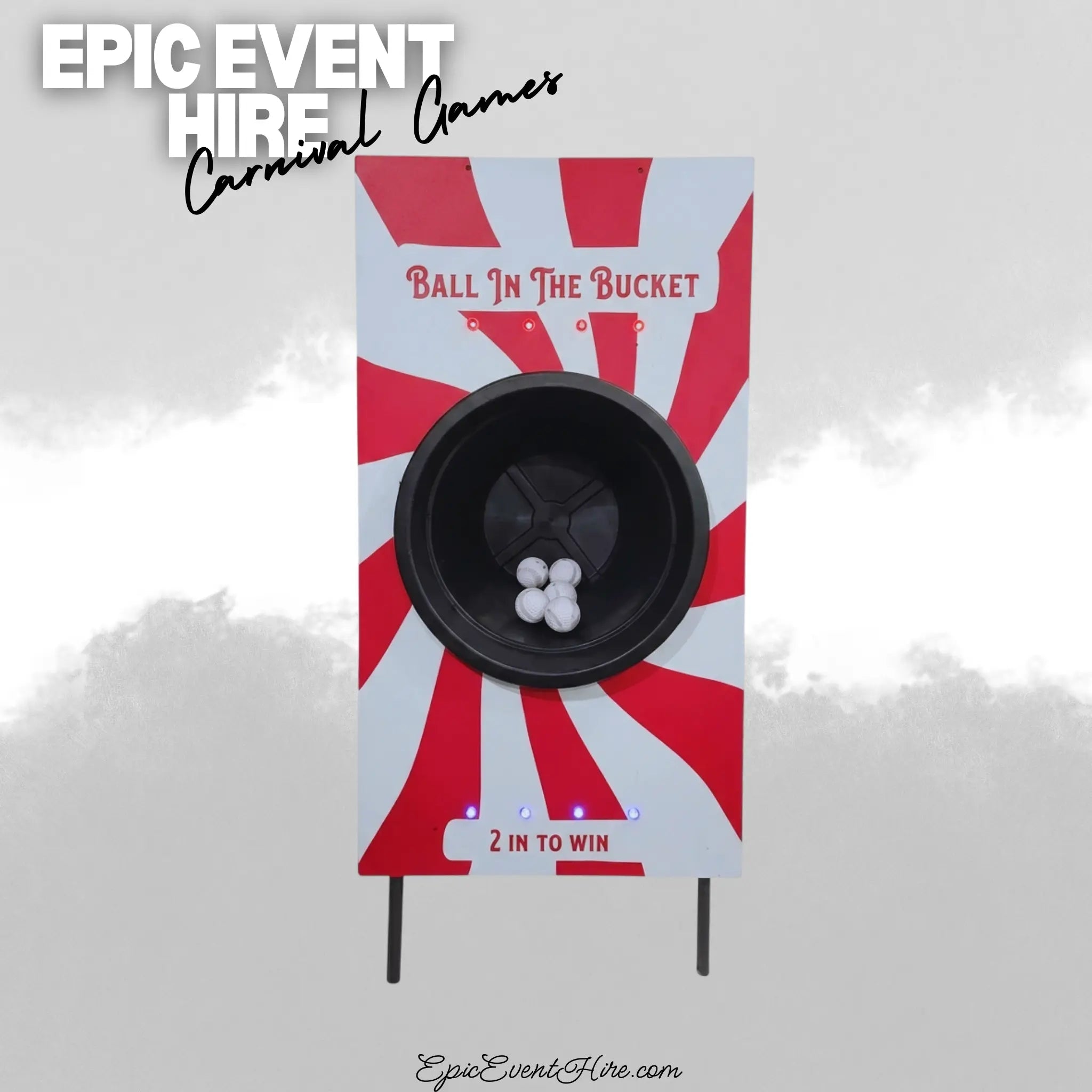 Ball In The Bucket game on a white and grey background