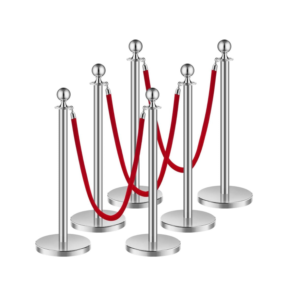 Velvet Rope Barrier (Red Rope / Silver Pole) - 6pcs